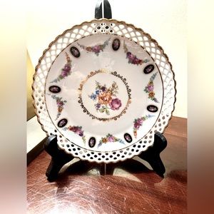 Schumann Bavaria reticulated porcelain plate with gold trim and Dresden floral.